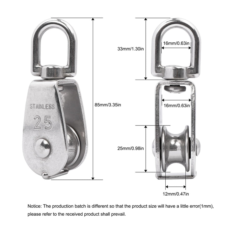 2Pcs M25 Single Pulley Block 304 Stainless Steel Swivel Cable Pulleys for Lifting/Hanging, Heavy Duty Rope Single Wheel Kit, Max-Load 150kg/330lbs