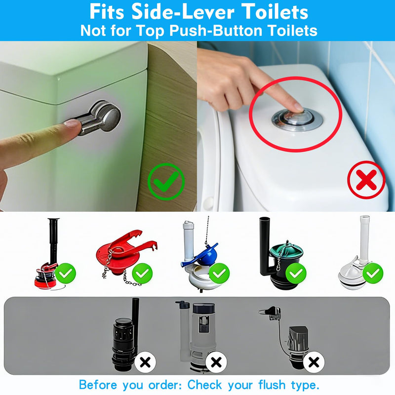 Automatic Toilet Flusher for Side, Front & Angled Mount Flapper Toilets | Touchless toilet flush kit with 12-16 in infrared sensing and rechargeable power while keeping the manual handle functional.