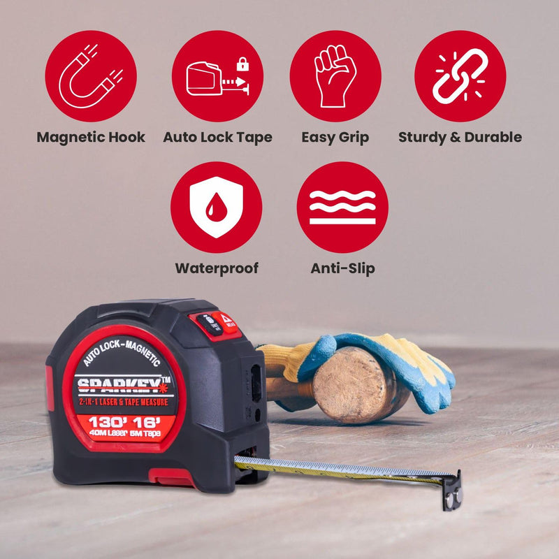 SPARKEY 2-in-1 Laser Tape Measure, 130Ft Laser Distance Measurement, Area/Volume & 16Ft Tape Measuring, Magnetic Hook, USB Rechargeable, Auto Lock, M/Ft/in/Ft+in, LCD Display. 0.5 m Laser Tape Measure 2 in 1