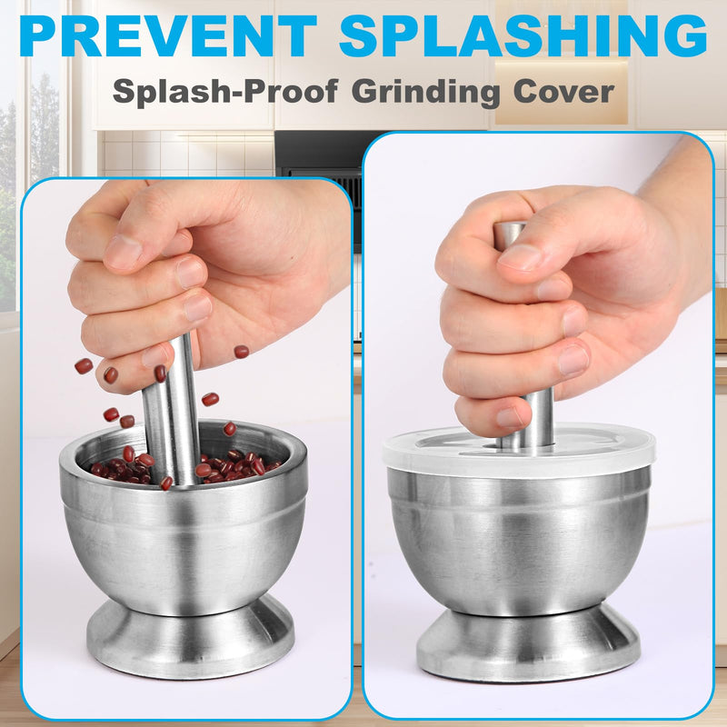 18/8 (304) Stainless Steel Mortar and Pestle Set,Mortar and Pestle with Non-Slip Base for Spice Grinder, Herb Crusher, Pill Crusher, Pesto Maker for Kitchen, Easy to Clean