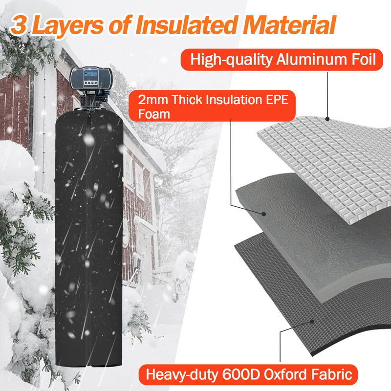Water Softener Cover Outdoor, 3 Layers Insulation Water Softener Tank Jacket, Heavy Duty Outdoor Insulated Water Softener Tank Cover,8.5''D x 48''H(COVER SIZE, NOT WATER SOFTENER SIZE)- Black 8.5''D x 48''H