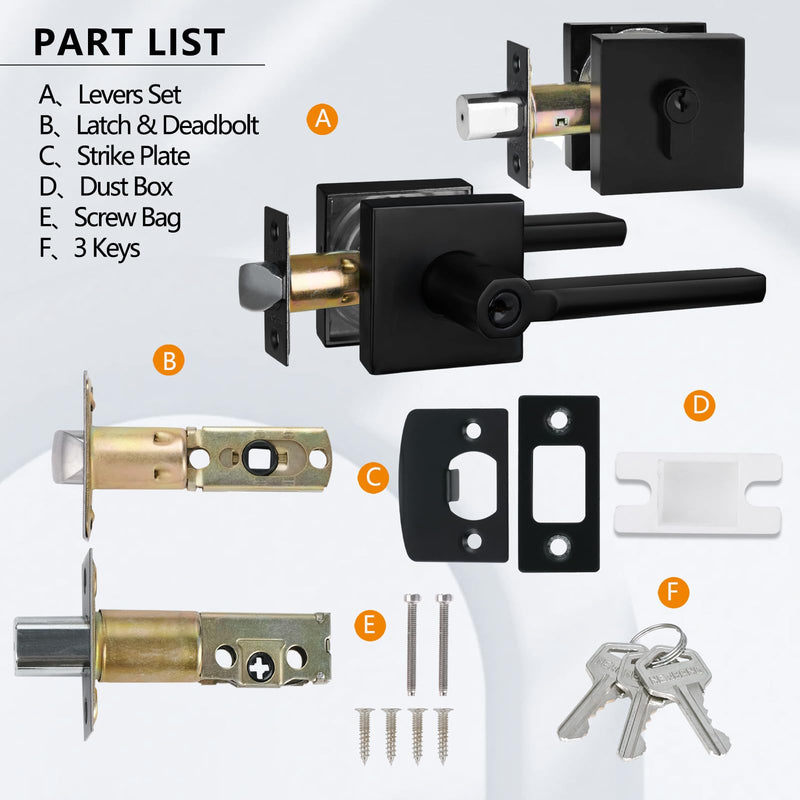 NEWBANG Square Heavy Duty Keyed Entry Combo with deadbolt and Lever Door Handle in Matte Black (for Entrance/Exterior/Front/Office Door) Left or Right Handed 1 Pack