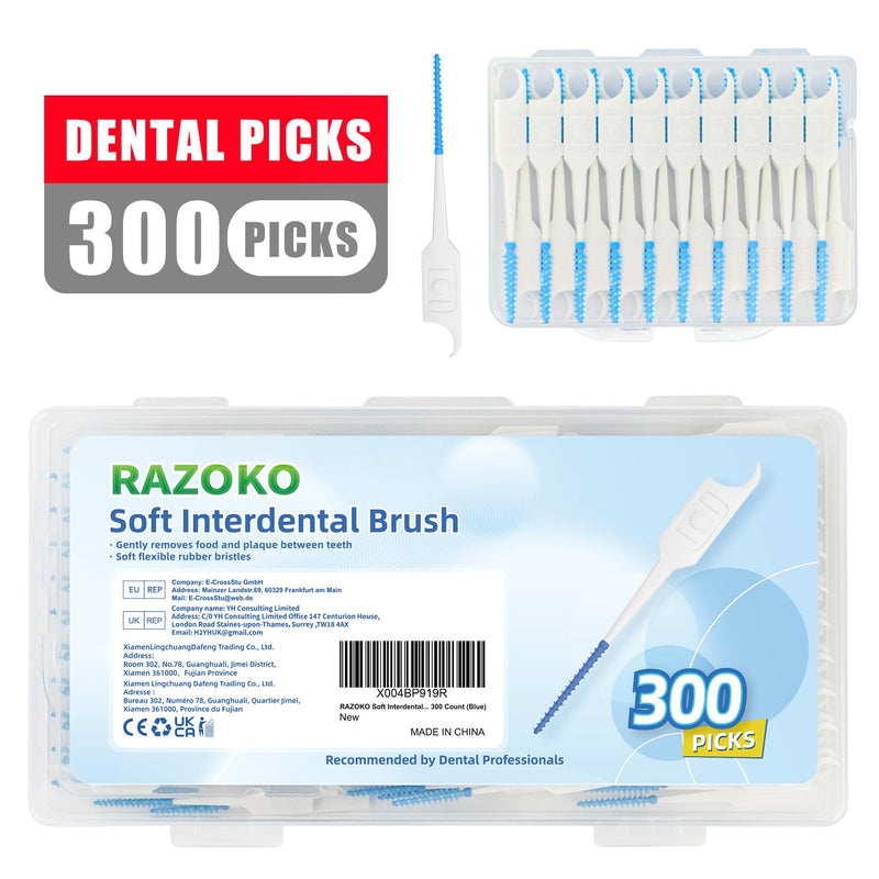 RAZOKO Soft Interdental Brushes Original, Dental Picks for Cleaning Teeth, Disposable Interdental Brushes, with Convenient Carry Case (Blue, 300 Count) Blue 300 Count (Pack of 1)