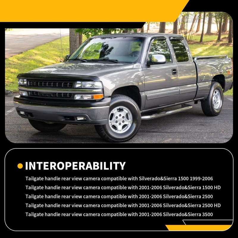 GM1916102 Tailgate Handle Rear View Camera Compatible with 1999-2006 Silverado and Sierra 1500 2500 3500HD Pickups Reverse Rear View Backup Camera 12V Power Cable RCA Plug