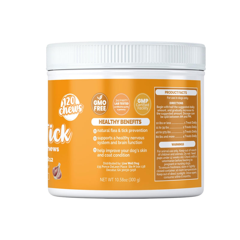 Flea & Tick Support Chews - Natural Bug-Deterring Ingredients with Garlic, ACV & Coconut Oil - Year-Round Daily Outdoor Support for Dogs - Skin, Coat & Immune Wellness - 120 Soft Chews
