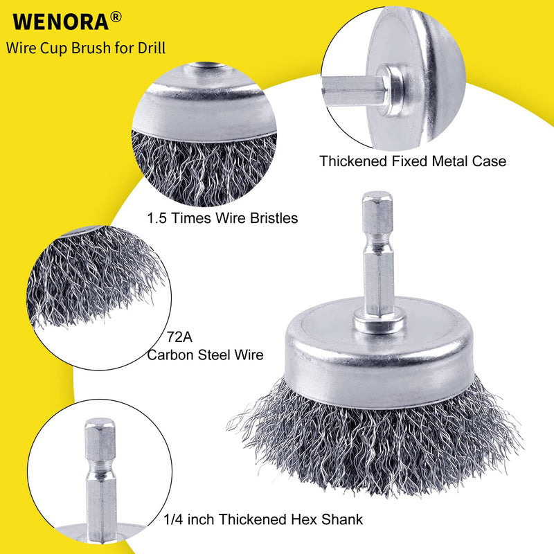 2 Pack Wire Cup Brush Set for Drill, WENORA Wire Brush for Drill 1/4 Inch Hex Shank, 0.010 Inch Coarse Carbon Steel Drill Wire Brush, Wire Brush Drill Attachments Rust Removal -2 Inch 2