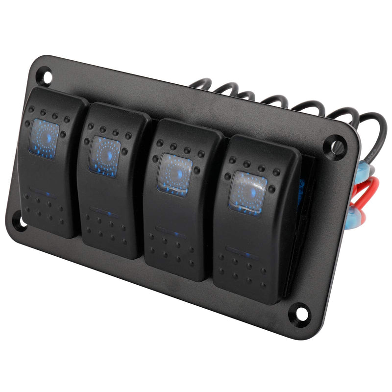 Amarine Made 12-24V Boat Switch Panel Illuminated Rocker Switch Aluminum Pre-wired Panel 2,3,4,5,6,8 Gang Toggle Switches Dash 5 Pin ON/Off 2 LED Backlit for Bus Boat Car Marine Blue LED IP65 (4 Gang)