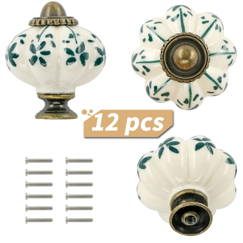 Ivory & Green Ceramic Knobs 12 Pack - Pumpkin Cabinet Knobs Retro Dresser Knobs - Vintage Drawer Pulls with Screws for Closet Drawer Cupboard Cabinet and DIY Home Project Green Flower