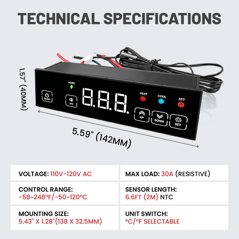 30A Digital Temperature Controller 120V, ℃/℉ Switchable Touchscreen Heating Cooling Thermostat with -58℉ to 248℉ Range, 6.6ft Sensor for Garage Automation, Electric Brewery, Workshop, BBQ 1