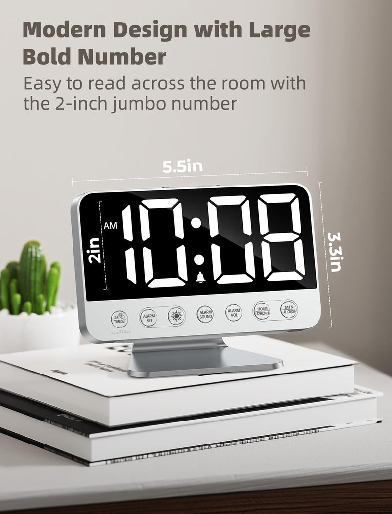 Digital Alarm Clocks for Bedrooms: Large Bold Number 5 Brightness Dimmer - Easy to Read Across The Room - 5 Alarm Sound 8 Night Light - Silver Silver - White Digits