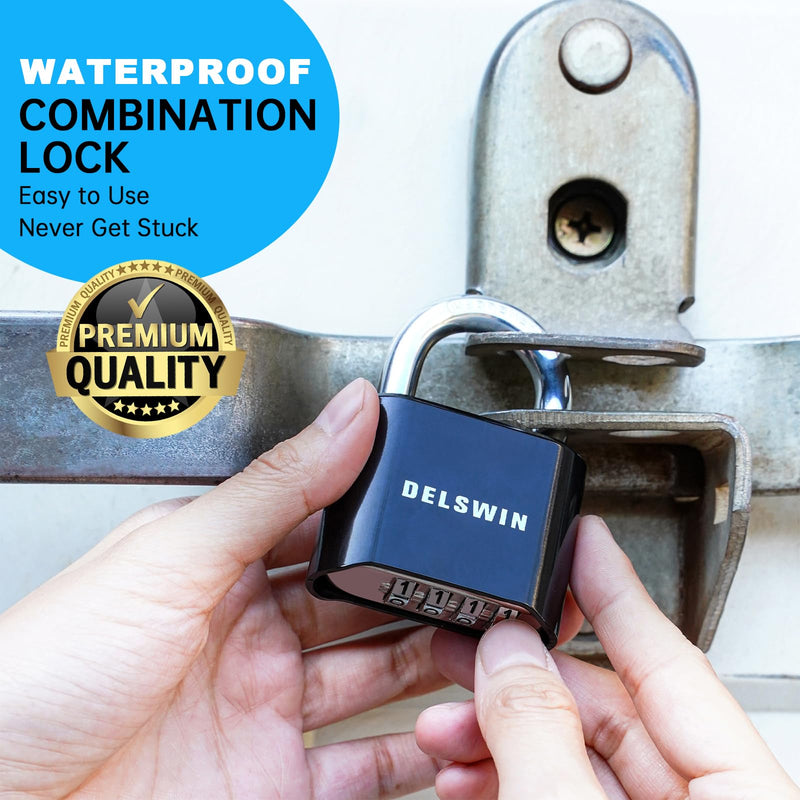 DELSWIN 4-Digit Combination Lock Outdoor Padlock - Heavy Duty Locker Lock with Hardened Steel Shackle, Waterproof Combo Lock for Gym Locker, Hasp Storage, Shed, Fence, Gate (Black,1Pcs) Charcoal Black 1 Piece
