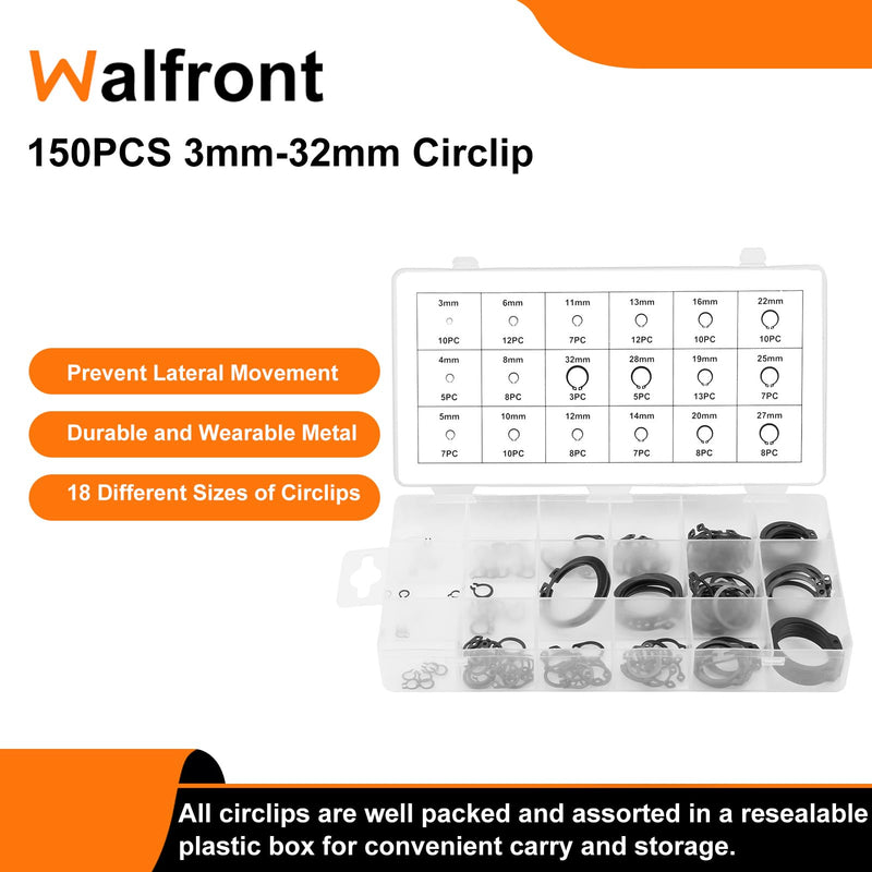 150pcs Black C Clips Snap Ring Shop Assortment Internal External Lock Snap Retaining Ring Metal Circlip for Industrial Fasteners 18 Sizes with Box Size 3mm - 32mm