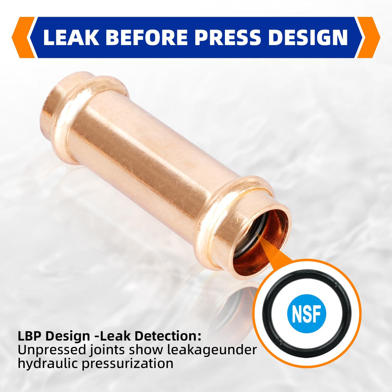 (Znkiok 5 Pack)3/4" Press Copper Fittings Zero Lead, 3/4 Inch Press Extended Coupling No Stop For Copper Tube Connection,UPC,NSF/ANSI61 Certified. 3/4"Press Extended Coupling NO Stop-5Pack