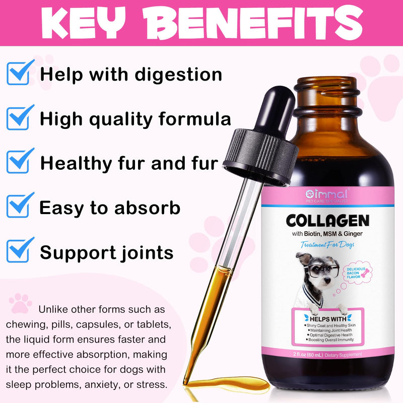 Premium Collagen for Dogs, Liquid Collagen for Dogs 2 fl.oz, Skin & Coat Supplement for Dogs, Itch Relief for Dogs with Vitamin C, Biotin, MSM, Ginger, Daily Collagen for Dogs Drops, Bacon Flavor Dog Collagen 2.02oz - PawsPlanet Australia