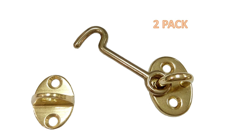 QCAA Forged Brass Cabin Hook Latch & Eye, 2-1/2", Vibrated Brass, 2 Pack Vibrated Brass (2-1/2")