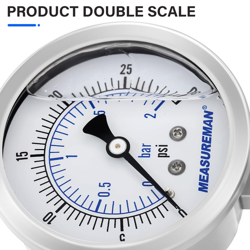 MEASUREMAN Stainless Steel Sanitary Pressure Gauge, 2.5” Dial, 0-30 PSI Range, Glycerin Filled, 1.5” Tri Clamp Bottom Mount 2.5",0-30 psi/bar Lower Mount
