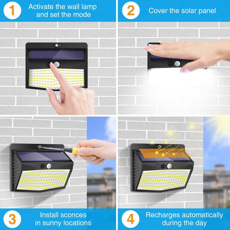 Peasur Solar Lights Outdoor, [138 LED/8 Packs] Solar Motion Sensor Security Light with 3 Lighting Modes Solar Wall Lights Waterproof Solar Powered Lights Outside for Garden Fence Yard Deck Garage Black 8 Pack