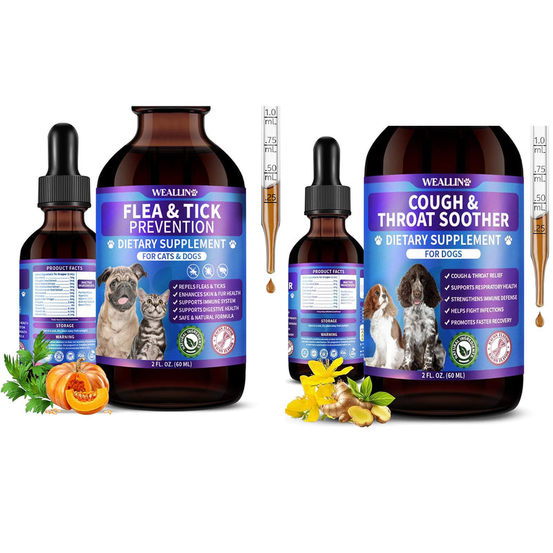 WEALLIN Flea and Tick Prevention Support for Cats and Dogs + Dog Cough Treatment Support for Dogs Pets Oral Natural Supplement Pet Care Support Drops for All Breeds and Ages