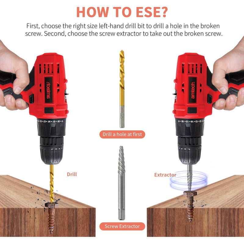 Screw Extractor Set, 37# Cr-Mo & 6542 HSS Steel Cobalt Left-Hand Drill Bit, Easy Out Broken Bolt Remover Reverse, Ez Out Stripped, Rounded-Off, Damaged Bolts, Screws&Studs Removal Tool (10-Pieces) 10-Pieces