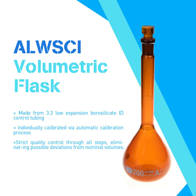 ALWSCI 2PCS 200ML Volumetric Flask, Class A, Glass Stopper for Laboratory | 3.3 borosilicate amber glass,Tolerance±0.15ml,NS14/23,ASTM-E288,autoclavable,chemical durable 200ml Amber Volumetric Flask