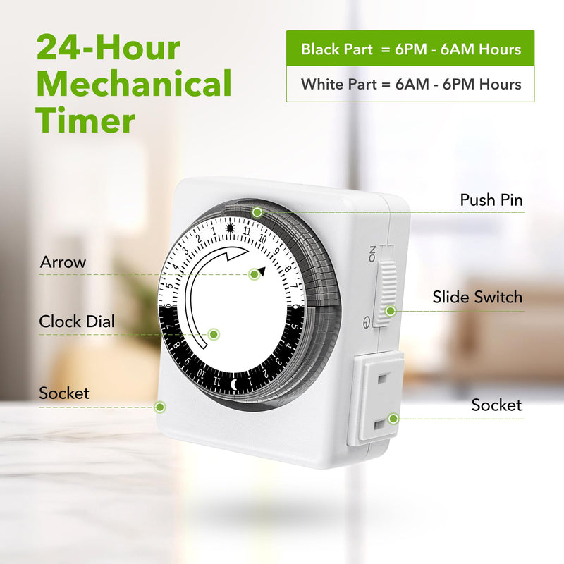HBN Indoor Timers for Lamps,24 Hour Mechanical Indoor Timer for Electrical Outlets,Dual Outlets,15 Minute Intervals,Light Timer for Indoor Lighting,Heavy Duty Daily Cycle,2 Prong,1-Pack 2-Prong,1 Pack