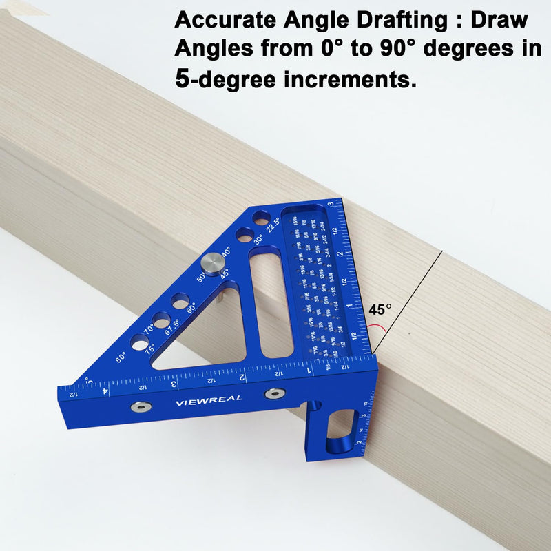 3D Multi-Angle Aluminum Alloy Woodworking Square Ruler, 22.5-90 Degree Protractor, High Precision Miter Triangle Ruler for Engineers, Carpenters, and Craftsmen Blue