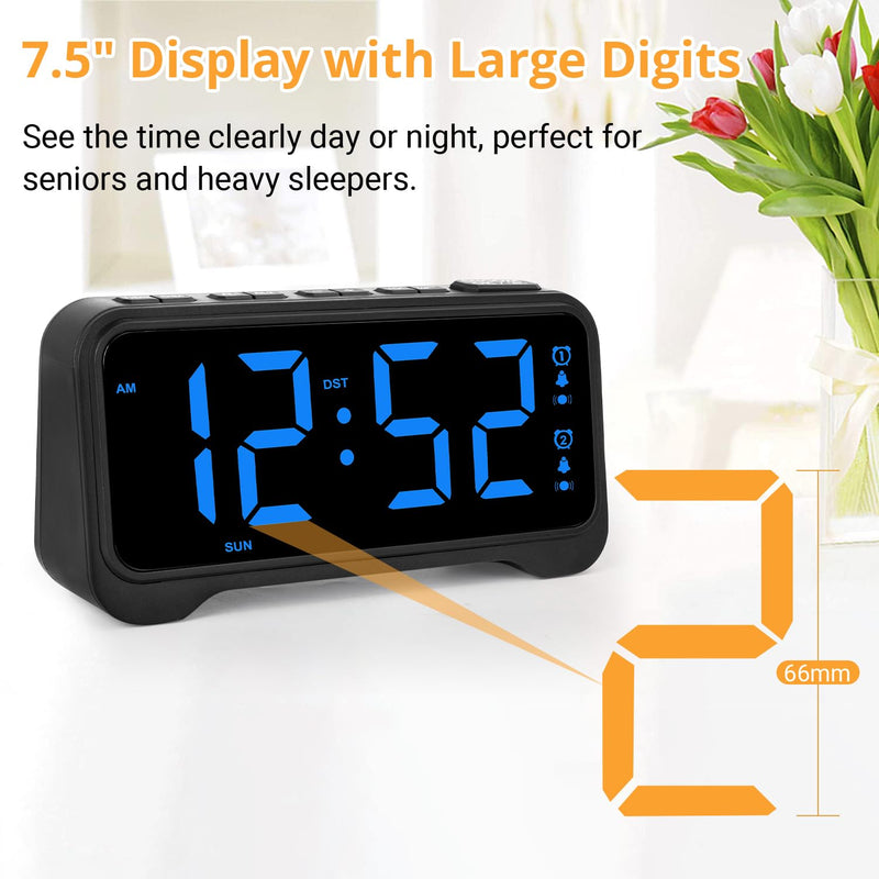 Loud Alarm Clock for Heavy Sleepers Adults, Vibrating Alarm Clock for Teens/Deaf, 7.5" Bright Clear Digital Screen, Adjustable Brightness with Night Light, 3 Levels Bed Shaker Under Pillow, Dual Alarm Blue
