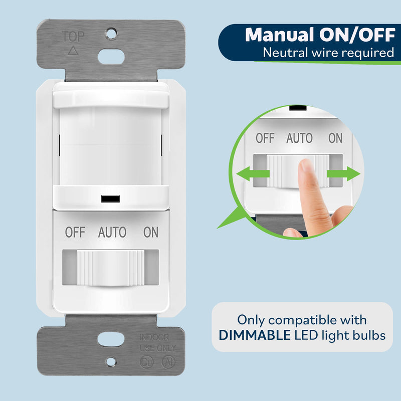 TOPGREENER in-Wall PIR Motion Sensor Light Switch, Occupancy Sensor Switch, On/Off Override, 4A, 400W, Single Pole, Neutral Wire Required, TSOS5-W, White, 2 Pack Neutral Wire Required, 4A