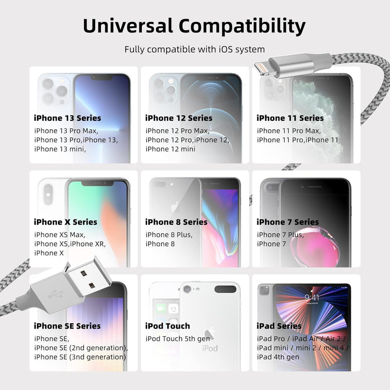 iPhone Charger 3 Pack 10 ft Apple MFi Certified Lightning Nylon Braided Cable Fast Charging Cord Compatible with iPhone 13 12 11 Pro Max XR XS X 8 7 6 Plus SE iPad and More GrayWhite