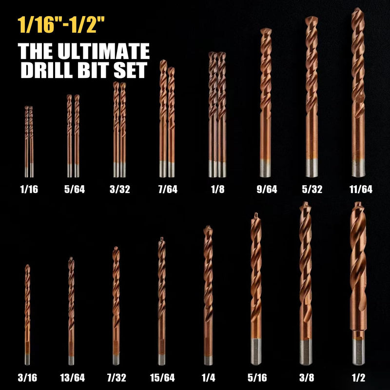 21-Piece M35 Cobalt Drill Bit Set, Steel Drill Bits with 135° Point & 3-Flute Shank for Hard Metal, Stainless Steel Cast Iron Wood Plastic Drilling (1/16 to 1/2 Inch)