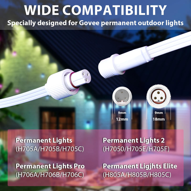 13FT Waterproof Extension Cable, 2 Y-Splitter Kit for Govee H705A H705B H705C H706A H706B H706C H705D H705E H705F,IP68 Permanent Lighting Extension Wire Patio Garden Roof Decorations