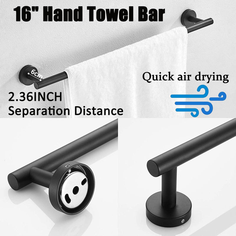 FireBee 5-Piece Bathroom Hardware Set, Matte Black Bathroom Accessories Set, 304 Stainless Steel Bathroom Fixtures-Includes 16" Black Towel Bar, Toilet Paper Holder & 3 Robe Hooks