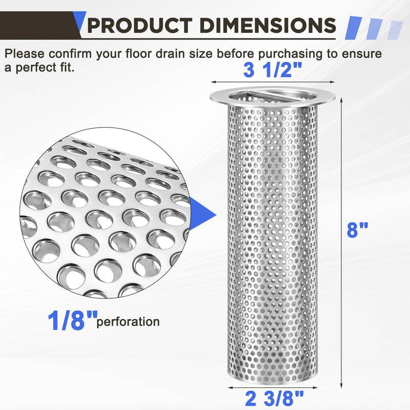 1 Pcs Commercial Floor Drain Strainer Perforated Cylindrical Mesh 316 Stainless Steel Drain Basket with Carry Handle –heavy-duty, for Restaurants, Kitchens, Factory (3" Diameter X 8" Tall) 1 3" Diameter X 8" Tall