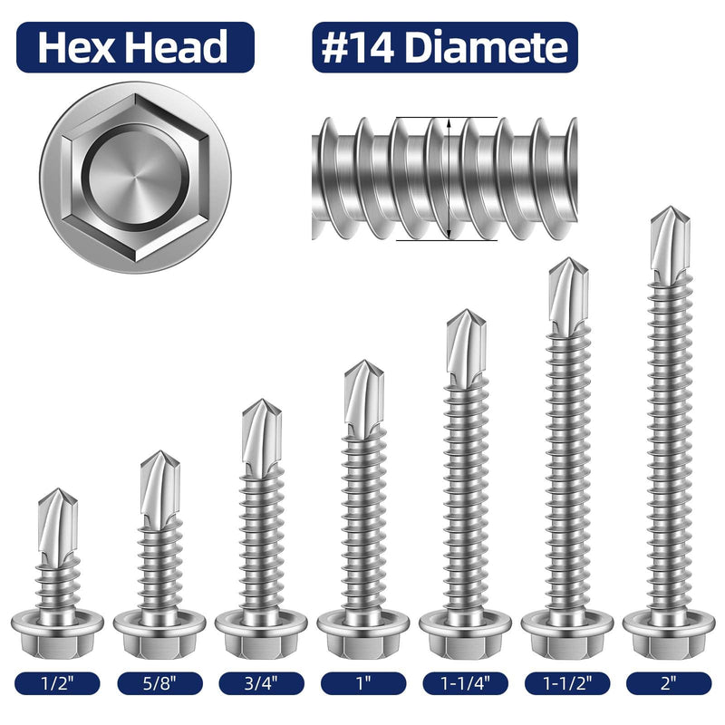 #14 x 4" (3/4" to 4" Available) Hex Washer Head Self Drilling Sheet Metal Screws with Drill Point, Stainless Steel 410, 20 PCS #14 x 4"