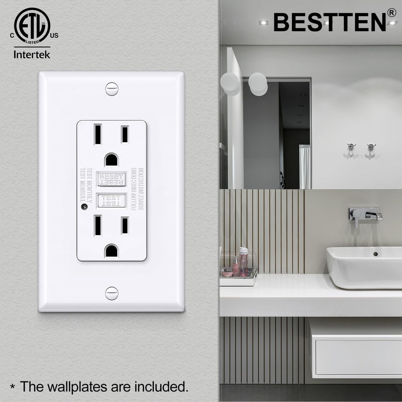 BESTTEN GFCI Outlet 15 Amp, GFI Receptacle Outlet with LED Indicator, Ground Fault Circuit Interrupter, Non-Tamper-Resistant, Wallplate Included, ETL Certified, 10 Pack, White 15A Indoor