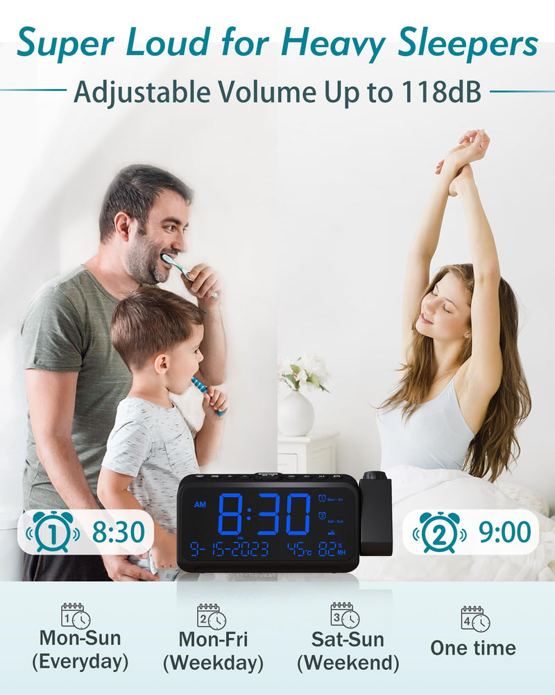 Roxicosly Projection Alarm Clock for Bedroom Ceiling, 118 dB Super Loud for Heavy Sleepers, 6.7" Large Digital Dimmable Display with Day Date Indoor Temp Humidity, Dual Alarms Adjustable Volume Blue Digit+blue Projection
