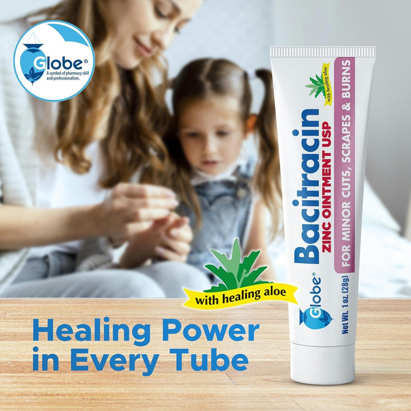 Globe Bacitracin Zinc 1 oz Tube, First Aid Antibiotic Ointment Helps to Prevent Infection in Minor cuts, scrapes and Burns 1 Ounce (Pack of 1)