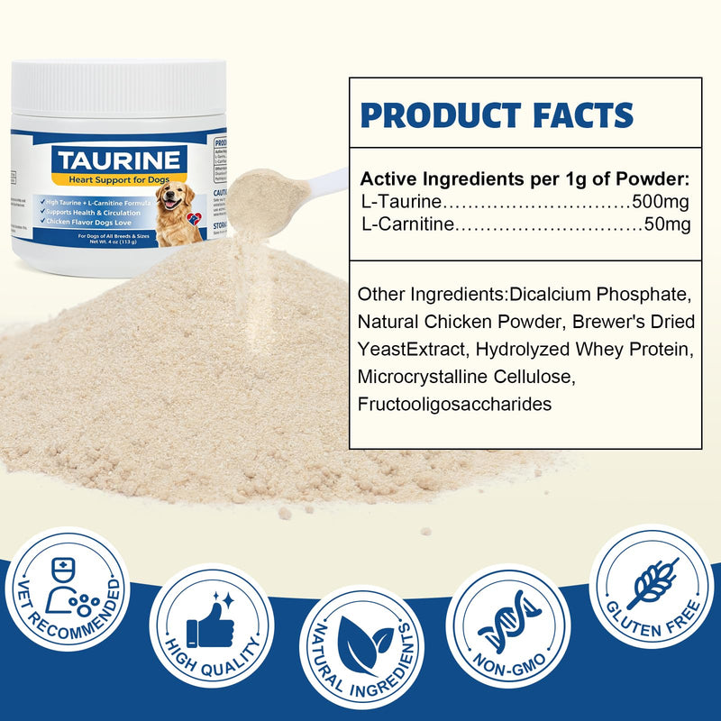 Taurine for Dogs Heart Health Supplement, 500mg Taurine with L-Carnitine for Senior & Large Breed Dogs, Supports Healthy Heart Function, Energy & Normal Blood Flow - 4oz