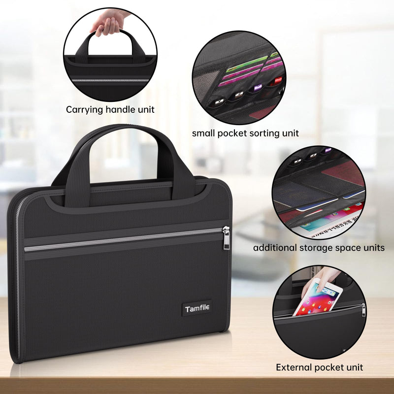 Tamfile Fireproof Accordion File Organizer with Handle, 13 Pocket Transparent Expanding File Folder with Zipper & Labels, File Folder with Multi-Pockets Paper Organizer Folder for Letter A4 Files Black With Handle Transparent, Pockets