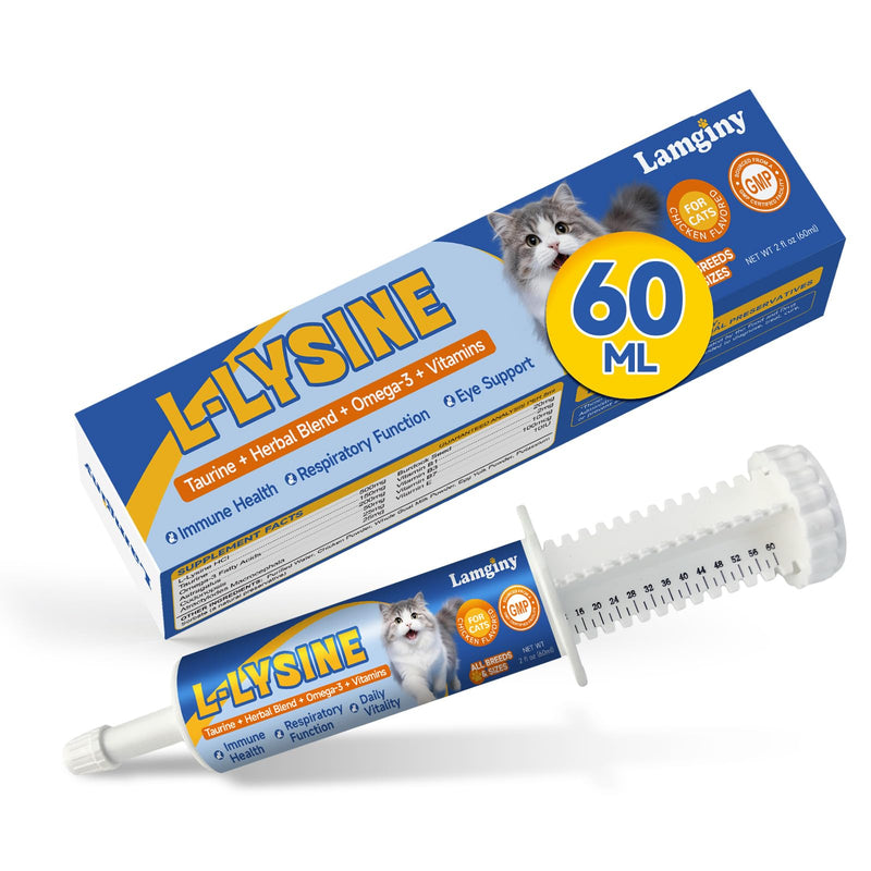 L-Lysine for Cats - Support Immune System, Respiratory & Eye Health - Cat Lysine Paste with Herbal Blends, Taurine, Omega-3, Vitamins - Reduces Sneezing, Runny Nose, Watery Eyes - 60ML, Chicken Flavor