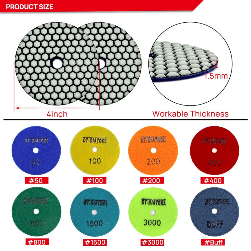 DT-DIATOOL Dry Diamond Polishing Pads 4 Inch for Granite Marble Quartz Stone Countertop Tiles 8 Pieces Grits 100 Grit 100