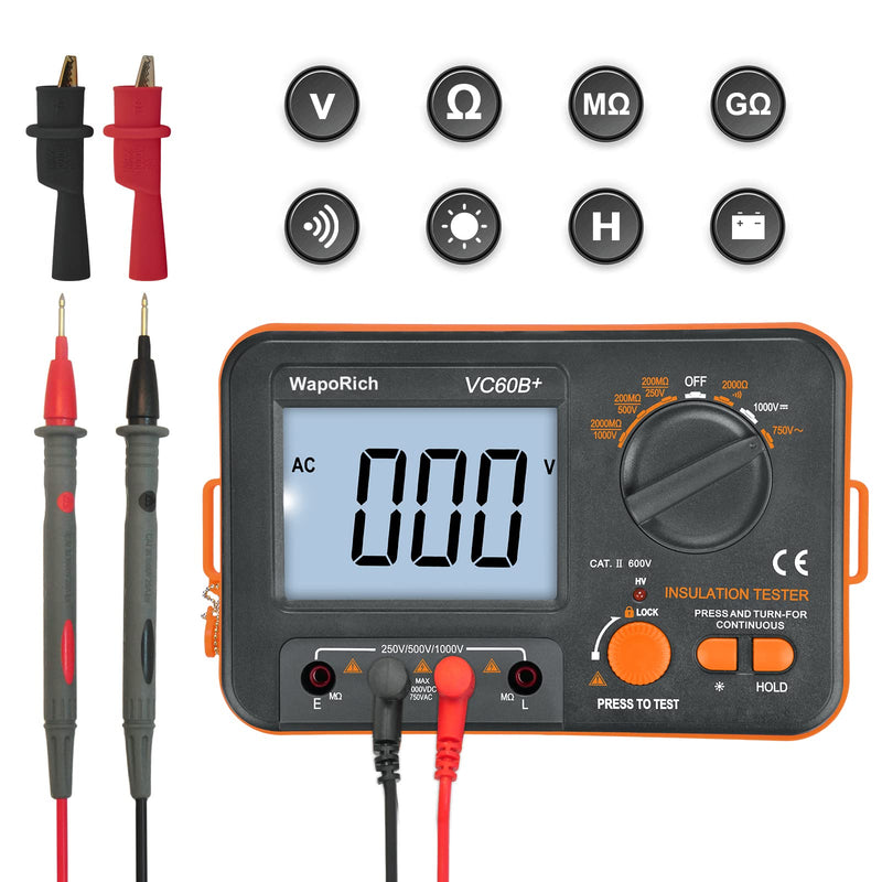 Megohmmeter Insulation Resistance Tester, 1999 Counts Megaohm Meter 200MΩ~2K Megohm Megger with DC250/500/1000V AC750V Testing Voltage, Digital Multimeter Measure with Data Hold Backlit RQ-US-T6-VC60B