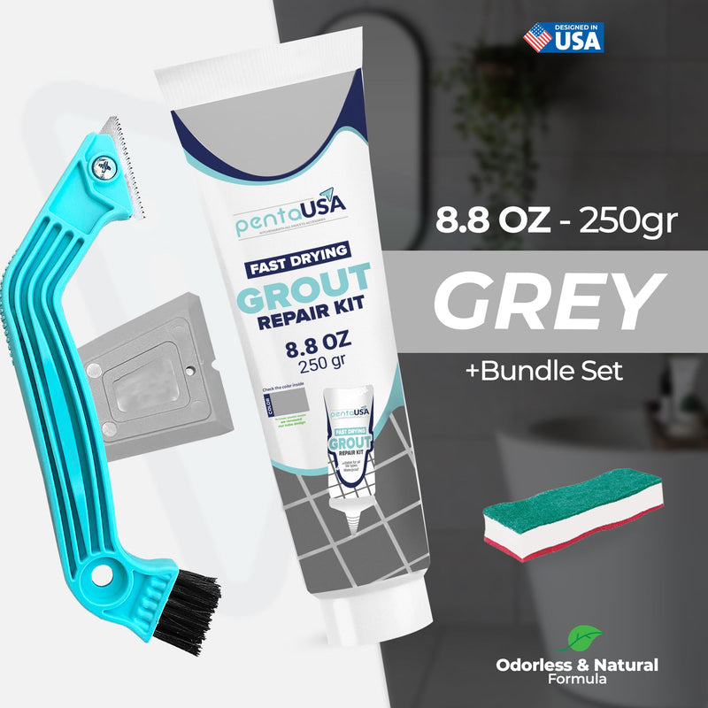 Pentausa Premixed Acrylic Sanded Tile Grout Repair Kit - Ready to Use Grout Renew Filler for Bathroom, Shower, & Kitchen Tile with Grout Removal Tool, Applicator & Sponge, (8.8 Oz - 250gr) (Grey) Grey