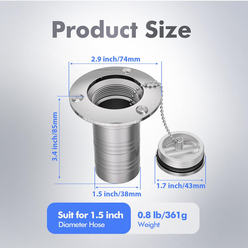 Boat Deck Filler, Stainless Steel 316 Gas/Waste/Water/Fuel/Diesel, 1-1/2" (38mm), Boat Deck Fill Neck for Boat Yacht RV Caravan with Keyless Cap, Screws Plate Straight - 1-1/2 inch