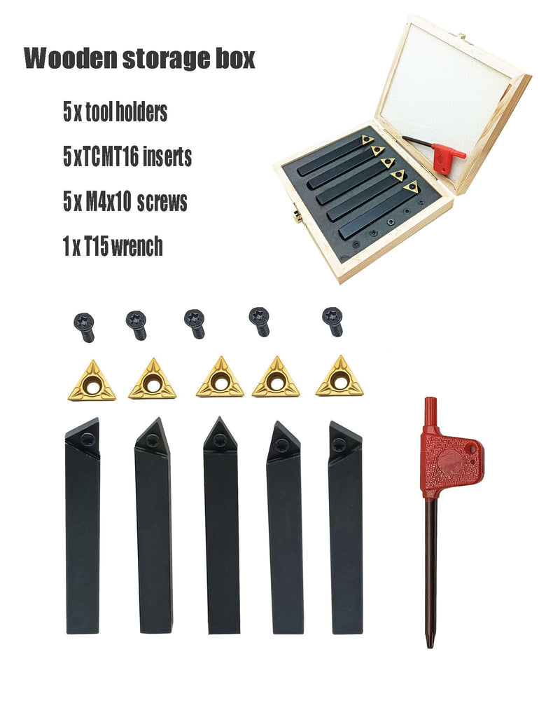 5pcs 1/2inch Shank Turning Tooling Bit Holder Set | 5 piece set with TCMT16T304 carbide inserts suitable for steel stainless iron and cast iron TCMT16T304+1/2" Holder