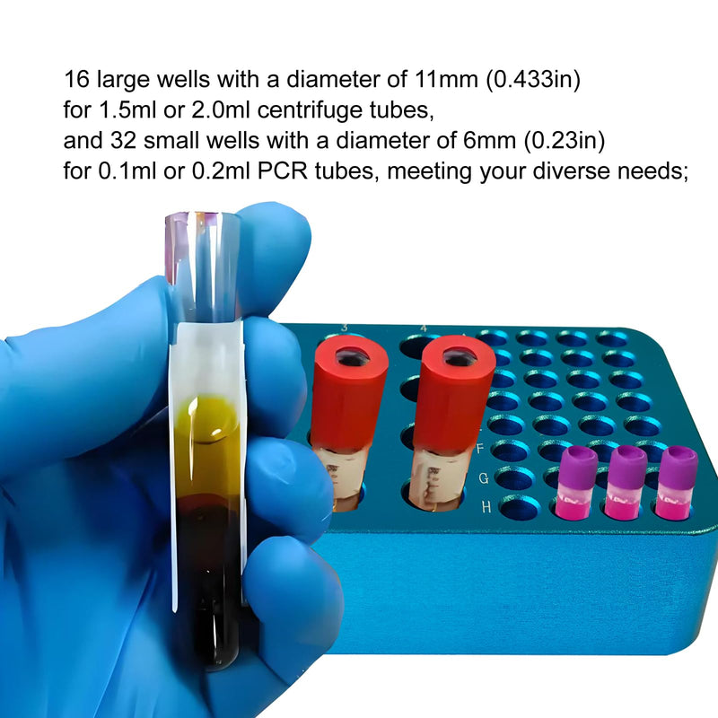 Aluminum Centrifuge Tube Rack PCR Tube Rack Low Temperature Metal Ice Box, for 1.5ml or 2.0ml Centrifuge Tube and 0.2ml PCR Tube(48 Wells) (Blue) Blue