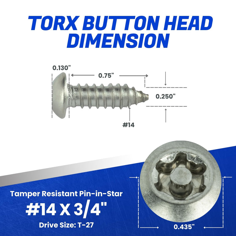 Torx Security Sheet Metal Screws - #14 x 3/4" (10-Pack) Button Head, Tamper-Resistant, Anti Theft Stainless Steel Screws for Higher Level of Safety & Secure Fastening Solution #14 x 3/4" (10 PCS)