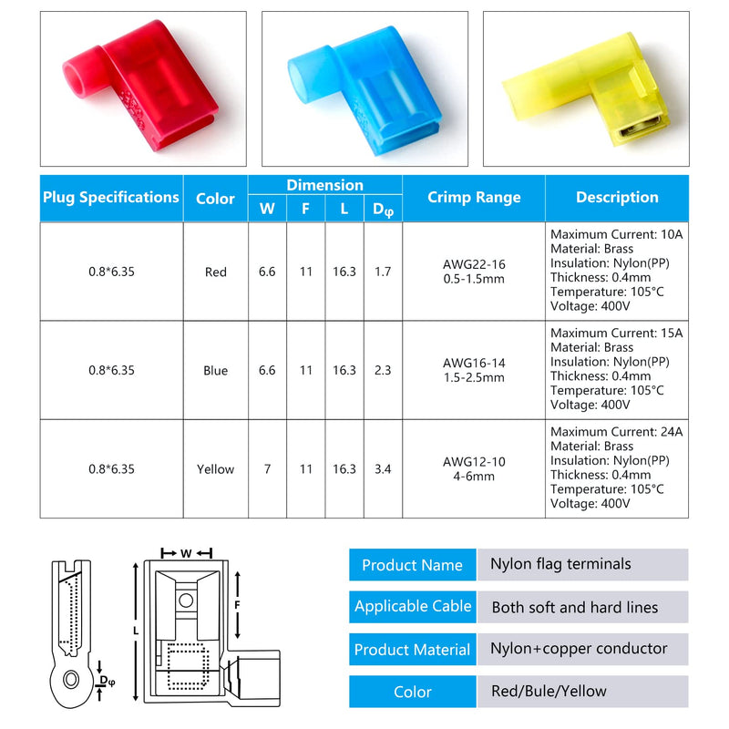 120PCS Nylon Insulated Flag Spade Quick Disconnects Wire Connectors, 90 Degree Electrical Female Crimp Terminals Assortment Kit AWG22-10 120 PCS Flag Wire Connectors