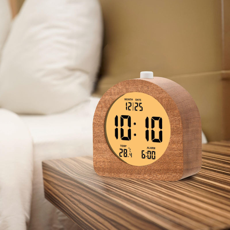 Plumeet Wooden Digital Alarm Clock for Bedrooms, Wood 4'' Battery Powered Alarm Clock with Snooze and Nightlight, Electronic LCD Desk Clock Display Time, Date, Temp, 12/24H, Wood Décor, Round, Sapele Semicircle 4.2''