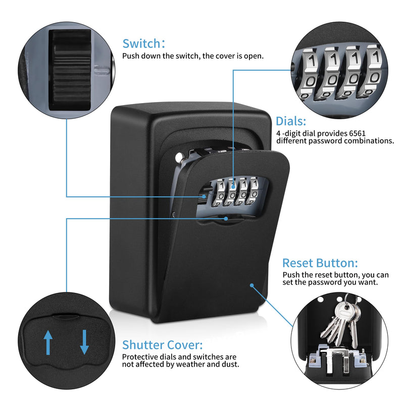 Key Lock Box Wall Mounted,4 Digit Combination Weatherproof Lockbox for Outside House,5 Keys Large Capacity Lockbox,Key Safe Security Storage Lock Box with Resettable Code for Indoor Outdoor Garage